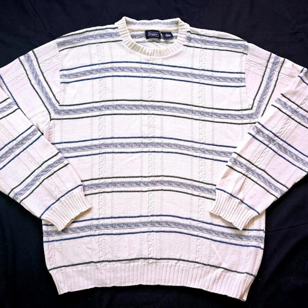 Vintage Haggar Striped Sweater Men's L Natural Cotton Blend Crewneck Knit